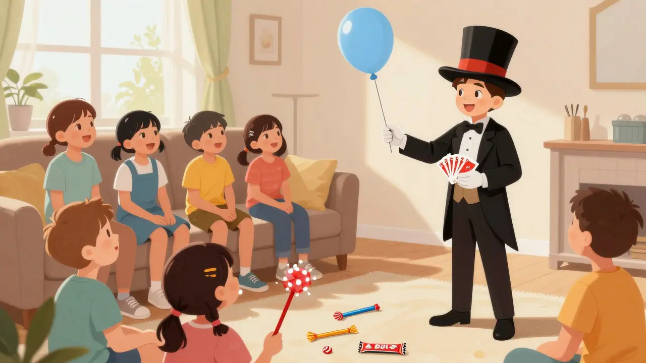 Un mago infantil entretiene a niños en una fiesta de cumpleaños, sosteniendo un globo flotante mientras ellos miran con asombro.