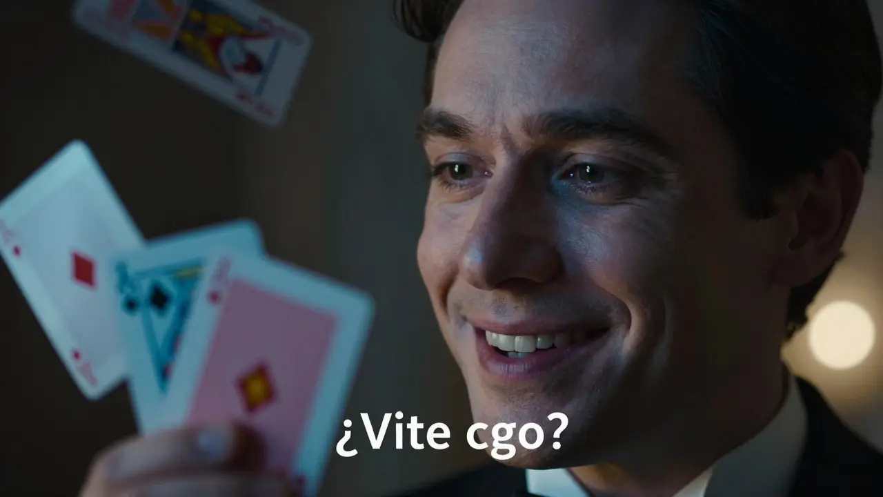 Un mago sonríe con astucia tras un cambio mágico de cartas, iluminado por luz tenue.