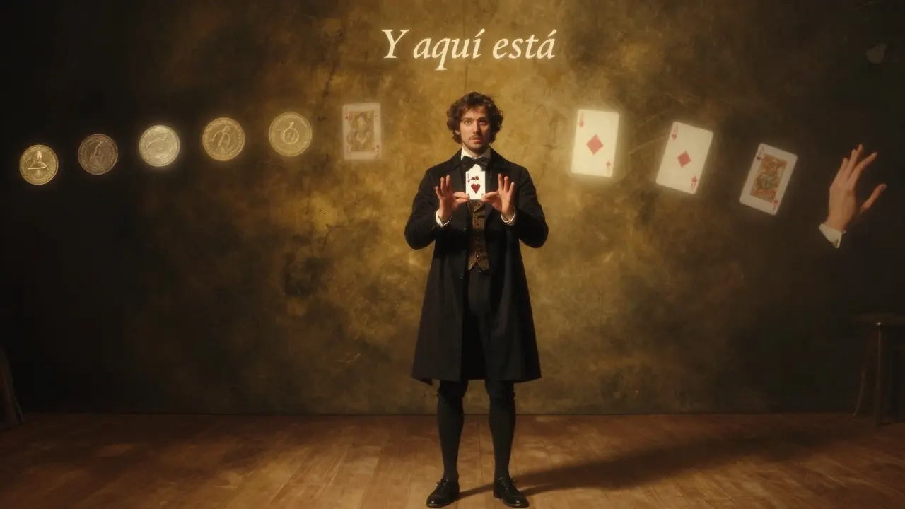 Un mago sostiene una carta con autoridad, rodeado por sombras de trucos anteriores.
