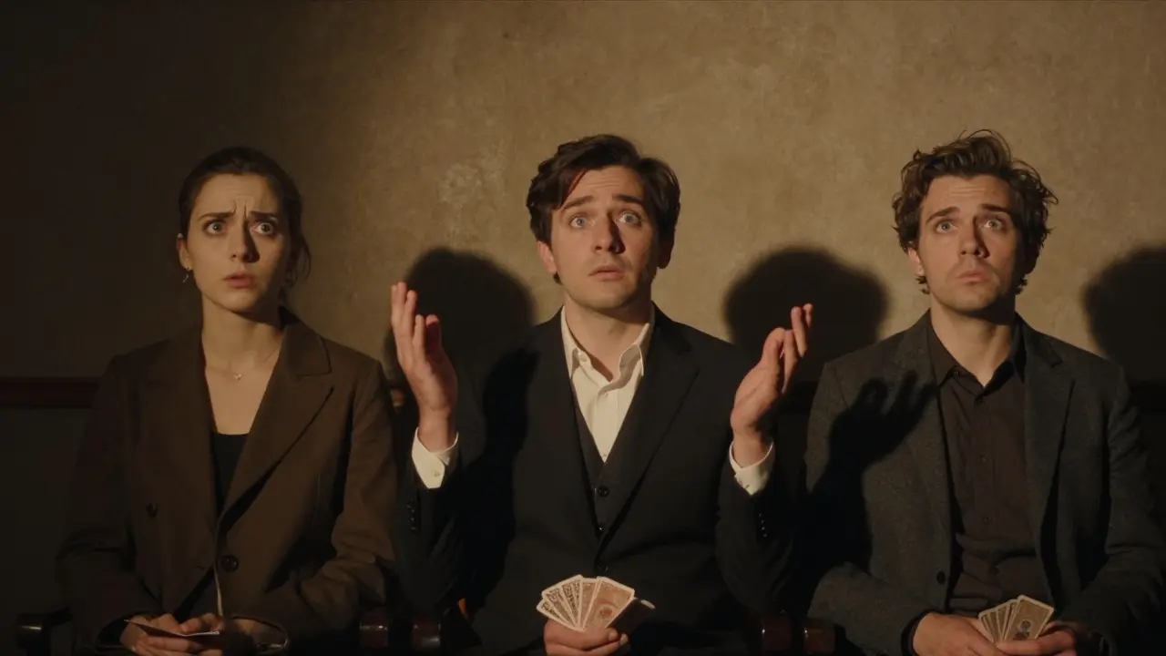 Un mago termina un truco con una pausa silenciosa y las manos levantadas, mientras el público mira con asombro, sin explicaciones.