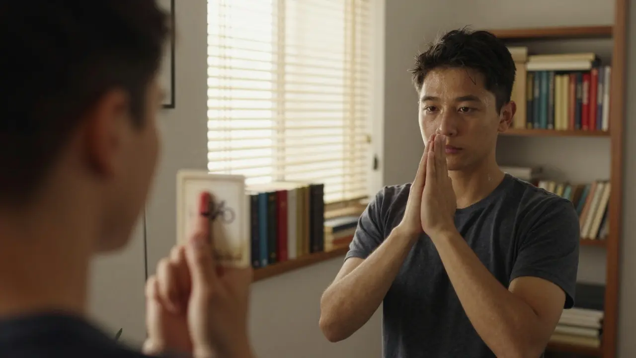 Un principiante practica el truco frente a un espejo, concentrado en su expresión facial mientras sostiene la carta en la mano.