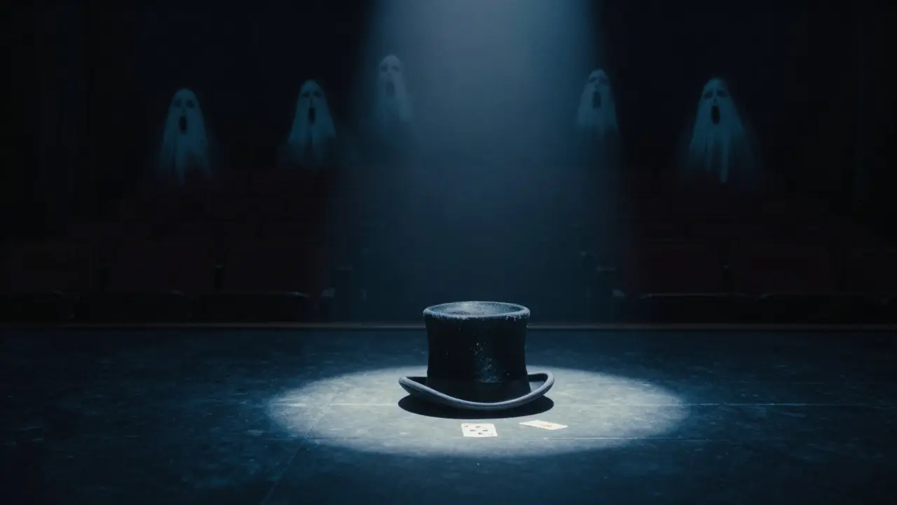 Un sombrero mágico y una carta de naipes abandonados en un escenario vacío bajo una luz solitaria.
