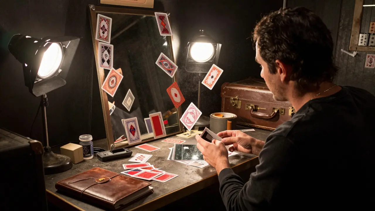 Un taller de magia tras bambalinas con herramientas, espejos y equipos de ilusión, iluminado por luz tenue.