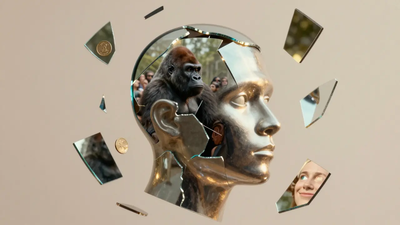 Una cabeza humana hecha de espejos fragmentados, cada uno reflejando una ilusión diferente, iluminada suavemente.