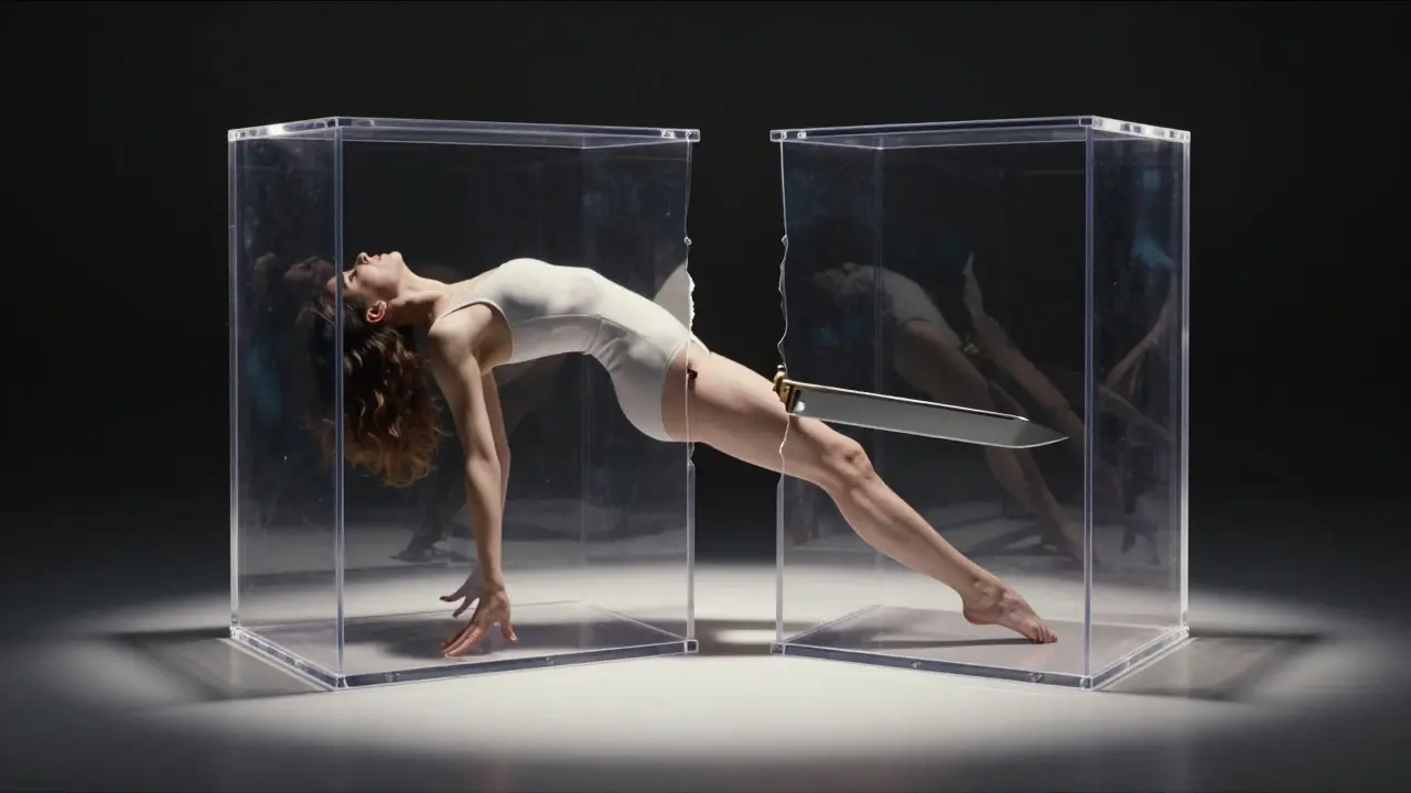 Una caja mágica dividida muestra el cuerpo de una mujer en compartimentos ocultos.