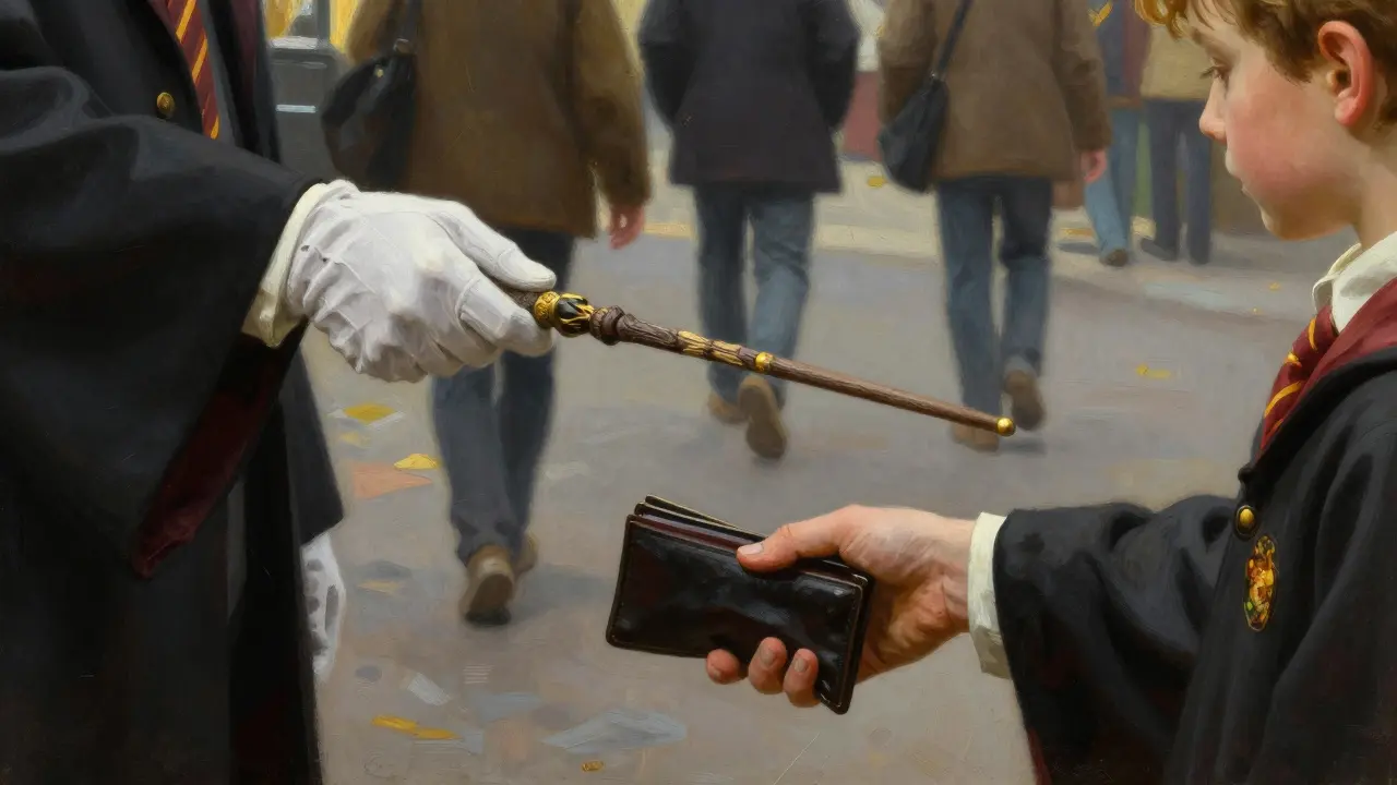 Una mano ética ofrece una varita mágica mientras otra roba una cartera en la calle, mostrando dos caminos opuestos.