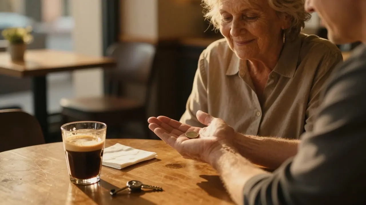 Una mujer sonríe mientras mira la palma vacía de un hombre en un café iluminado por el atardecer.