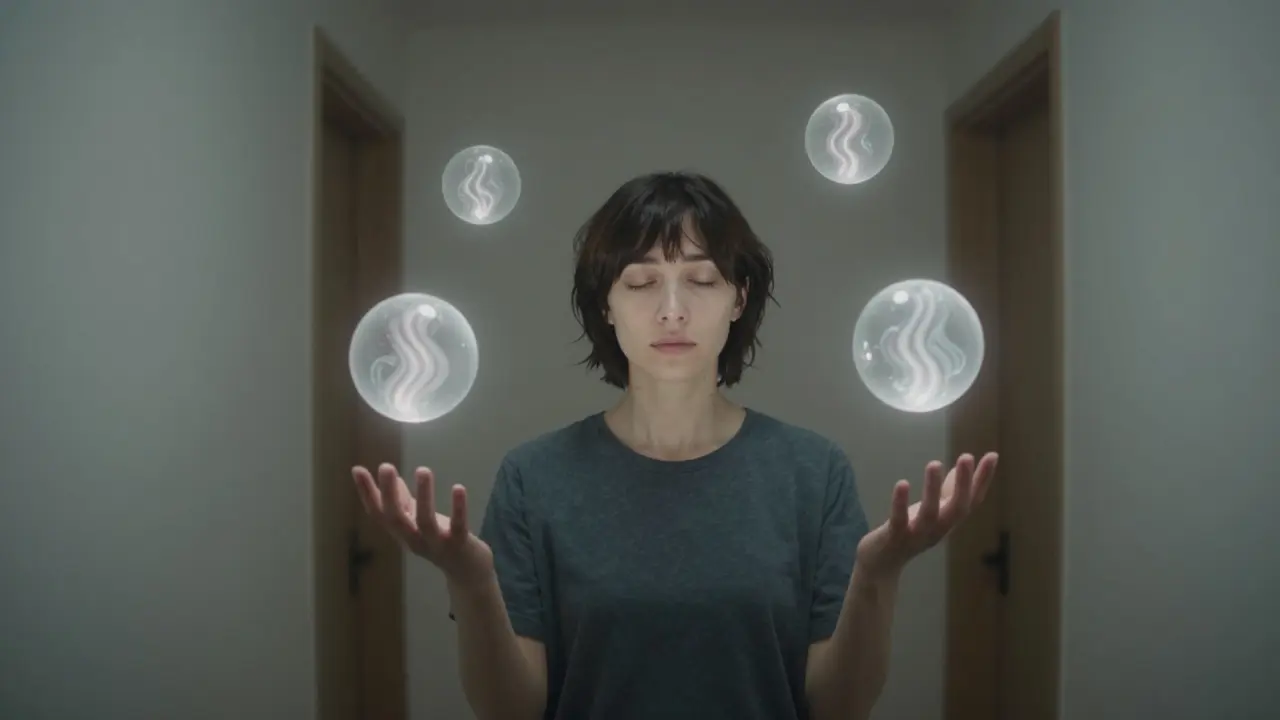 Una persona con los ojos cerrados siente energías sutiles mientras orbos translúcidos flotan a su alrededor.