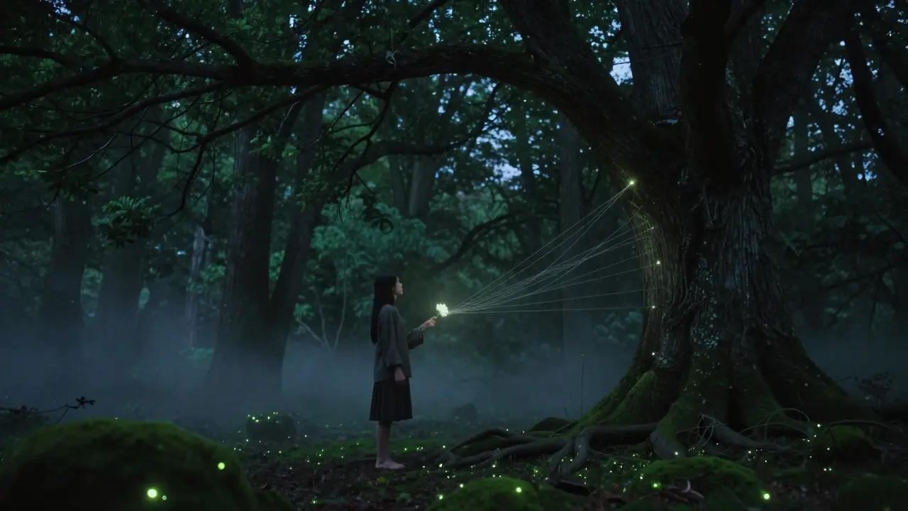 Una persona en un bosque antiguo sosteniendo una flor mientras luces energéticas conectan con los árboles.
