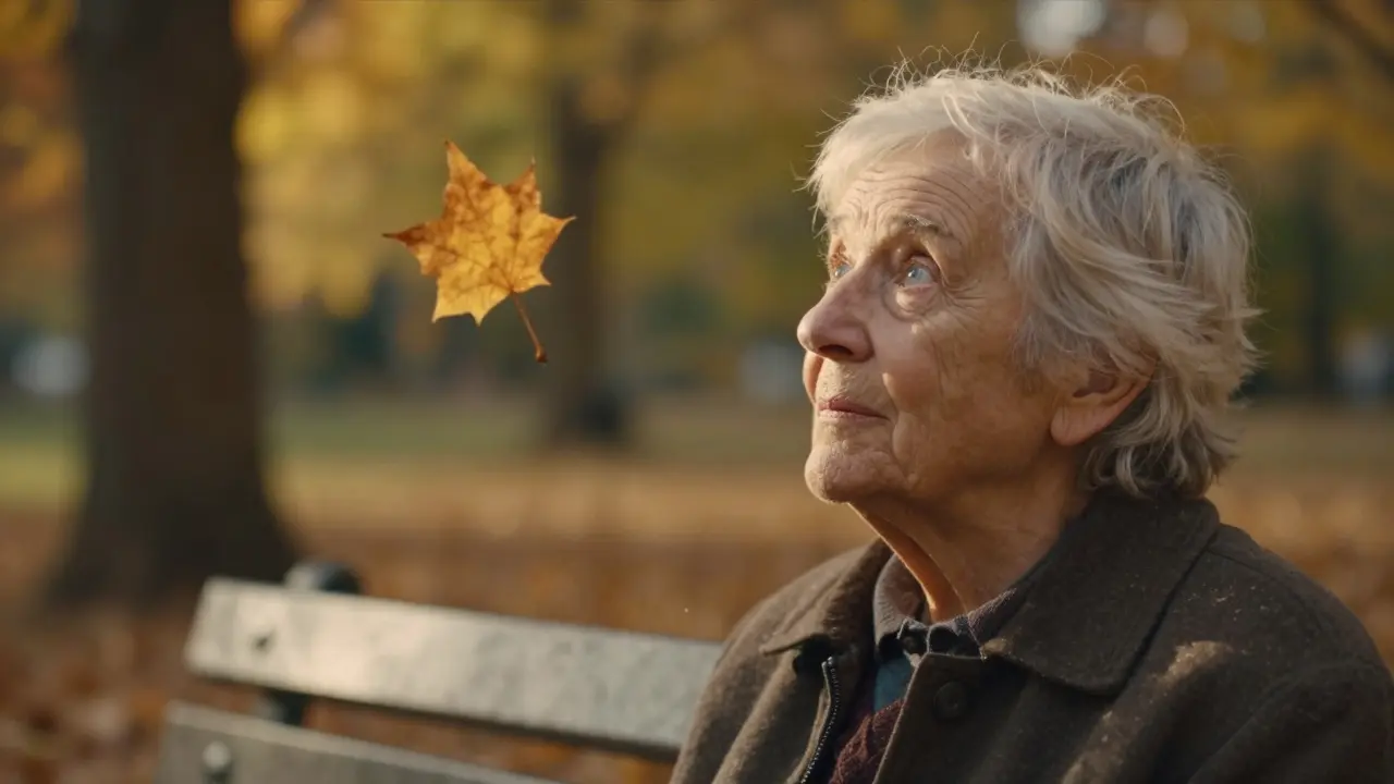Una persona mayor observa con asombro una hoja que cae en un parque de otoño.