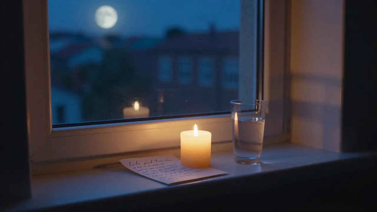 Una ventana con una vela, una carta y agua bajo la luz de la luna, sin ningún texto visible.